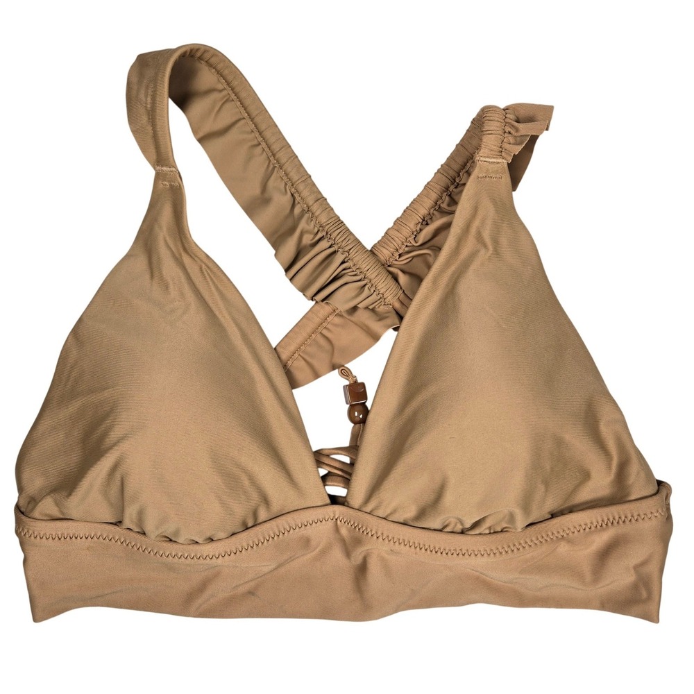 Aerie Triangle‎ Bikini Top Tan Ruffle Straps Lace Up Back Size L